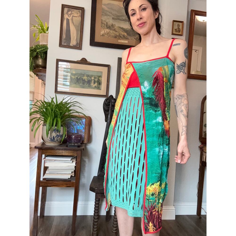 90s Y2K Save the Queen dress Made in Italy XL turquoise nylon mesh fabric